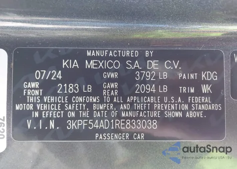 2024 Kia Forte Gt-Line из США, поврежденный, VIN 3KPF54AD1RE833038